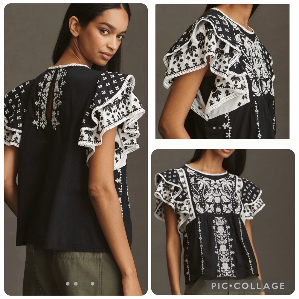 NWT new small Anthropologie x farm Rio printed flutter sleeve top black white - Picture 13 of 16